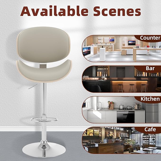 civama Bar Stools Set of 6 for Kitchen Counter, Adjustable Bar Height Chairs, Modern Swivel Barstools with Bentwood Seat and Back with Footrest for Kitchen Island, Dining Room, Grey PU Leather