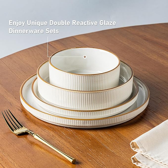 GBHOME Stoneware Dinnerware Sets for 8, Round Reactive Glaze Ceramic Plates and Bowls Set, Highly Scratch Resistant | Dishwasher & Microwave Safe Set，Service for 8（24pcs),Pearl White