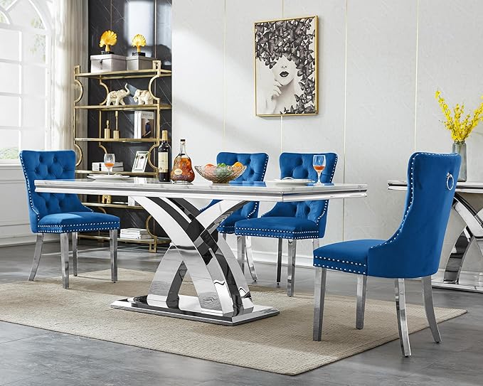 Goujxcy 5-Piece Dining Table Set Modern Faux Marble Dining Table Set for 4, Luxury 68" Long Faux Marble Kitchen Table with 4 Velvet Upholstered Chairs, Mirrored Stainless Steel Base