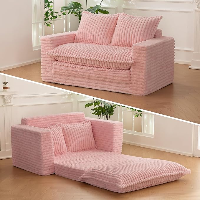 YOSHOOT Loveseat Sleeper Sofa, Convertible Sofa Bed Couch Futon Couches for Living Room, 3-in-1 Pull Out Floor Couch with Washable Cushion and Pillows