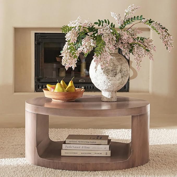 Round Coffee Table with Storage, 31.5" Modern Living Room Table, 2 Tier Circle Wood Center Tables for Apartment, Living Room, Open-Style Storage Gray Coffee Tables, 31.5"*15.7" (Gray)