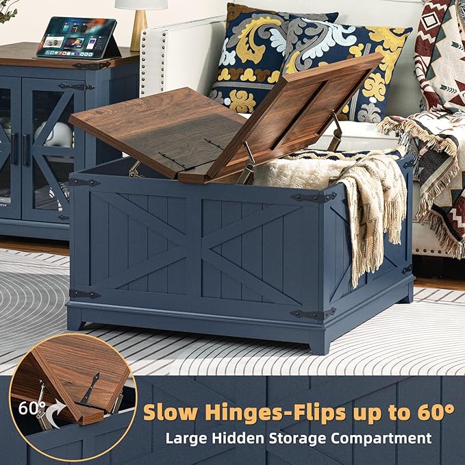 Farmhouse Coffee Table Sets 2 Pieces, Narrow Night Stand with Glass Barn Door Storage, Large Coffee Tables with Hidden Storage Organizer, Wood Furniture Sets for Living Room, Office, Blue