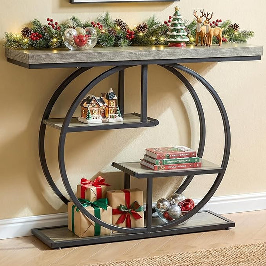 41.3" Sofa Table, Industrial 4-Tier Entryway Table with Circle Base and 1.7" Thickened Top, Narrow Console Table with Storage for Living Room, Hallway, Foyer, Grey
