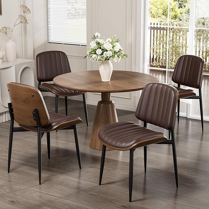Dining Chairs Set of 8, Mid-Century Modern Upholstered PU Leather Chairs with Walnut Bentwood Back and Metal Legs Adjustable Feet for Kitchen Dining Living Room, Dark Brown Vertical Stripes