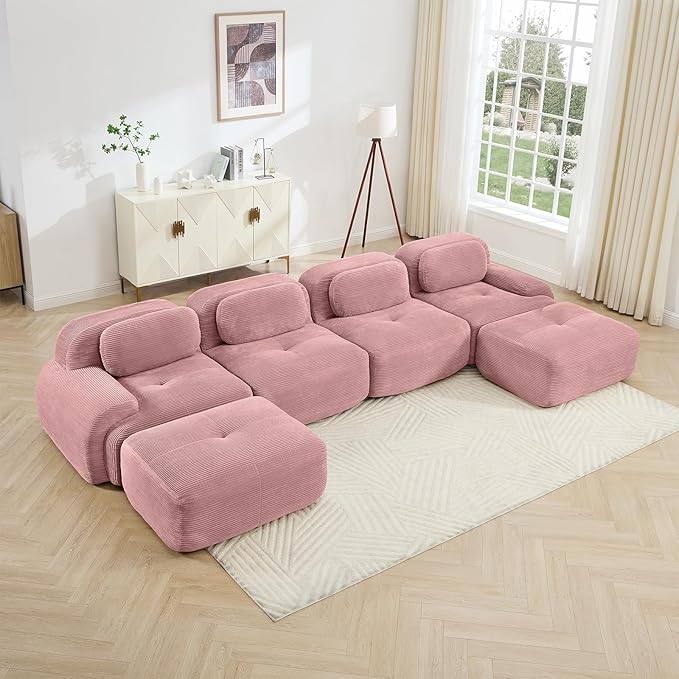 Pink Ottoman for Modular Sectional Sofa, Corduroy Deep Seat for Oversized Compressed Boneless Sectional Couches for Living Room Bedroom Apartment, Cloud Sofa Couch Set, Memory Foam, No Assembly