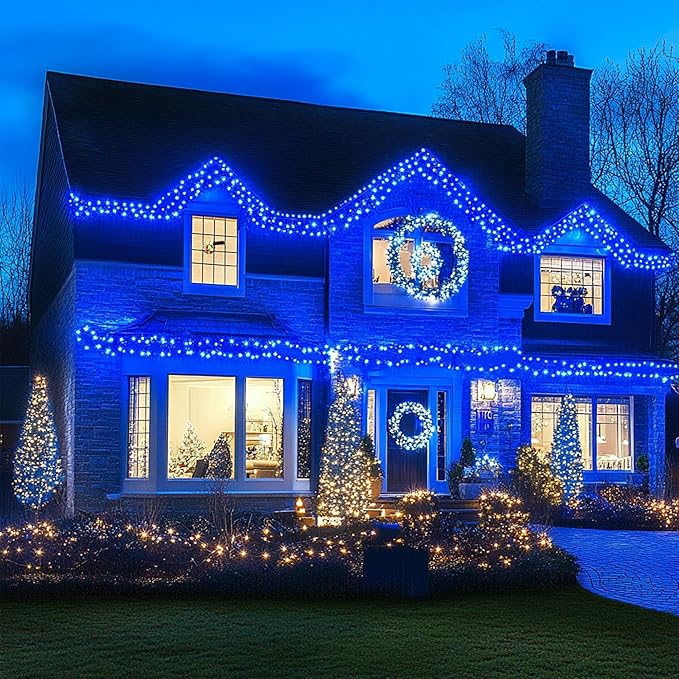 Kwaiffeo Blue Christmas Lights, 100FT 300LED String Light Outdoor Indoor, 8 Modes Connectable Blue Lights for Christmas Halloween Decorations Outside, Fairy Light for Party Yard Tree Decor