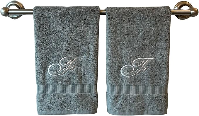 Gray Monogrammed Hand Towels for Bathroom - Luxury Hotel Quality Personalized Initial Embroidered Towel for Powder Room, Spa - GOTS Organic Certified - Set of 2 Silver Letter F