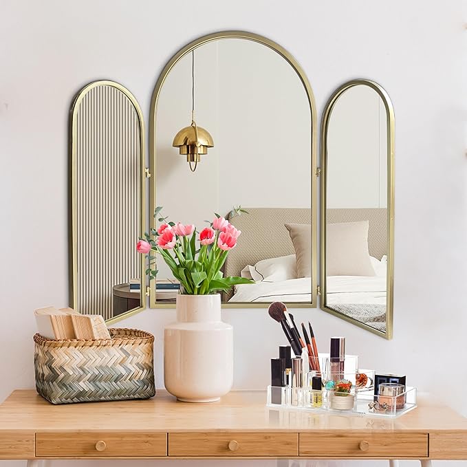 Trifold Vanity Mirrors 3 Way, 30 x 37in Adjustable Vanity Mirrors for Bathroom, Bedroom, Champaign Golden Arch Mirrors Wall Mounted Decoration, Braiding Hair, Makeup 360° Way