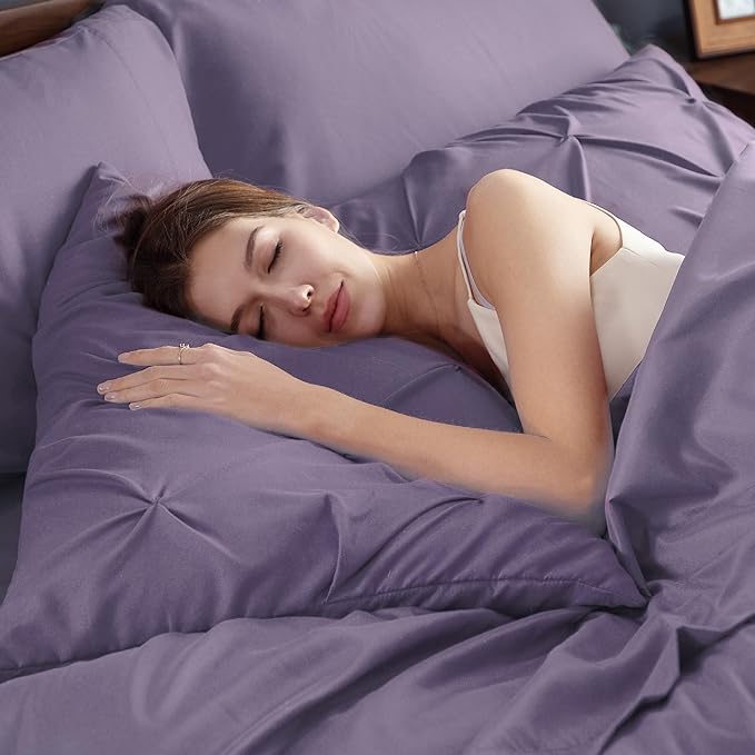 Bedsure King Size Comforter Set Grayish Purple - Bed in a Bag Bedding Set 7 Pieces, GentleSoft™ Pintuck Bed Set Gift for Family, Pinch Pleat Grayish Purple Comforter with Sheets, Pillowcases & Shams