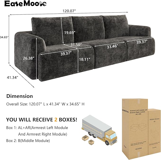 EASE MOOSE Boneless Couch for Living Room, Sectional Cloud Sofa, Modular Cloud Couch, 3-Seater Deep Seat Sofas with Pillow for Bedroom, Apartment, No Assembly Required, Chenille (Dark Grey)
