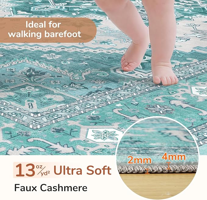 OPPODREAM Thin Area Rugs 3x5, Washable Rugs with Non Slip Backing, Low-Pile Throw 3x5 Carpet, Faux Cashmere 3 x 5 Carpet, Teal & Turquoise & Cream