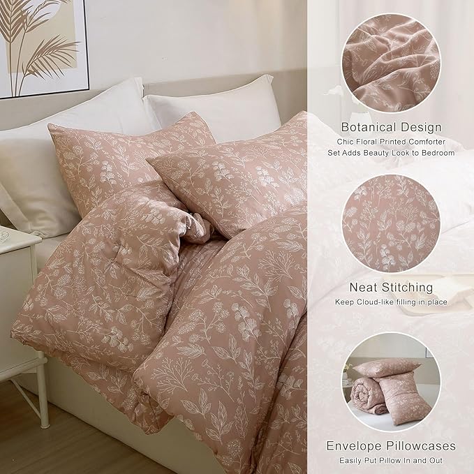 EAVD Vintage Garden Floral Comforter Set King Grayish Pinkish Soft Microfiber Chic Cute Floral Bedding Comforter and 2 Pillowcases Fresh Reversible Botanical Comforter Set for All-Season