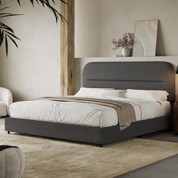 HOMBCK Full Size Boucle Bed Frame, Soft Upholstered Bed Frame with Headboard, Thickened Footboard, Rounded Corners, No Box Spring Needed, Easy Assembly, Grey