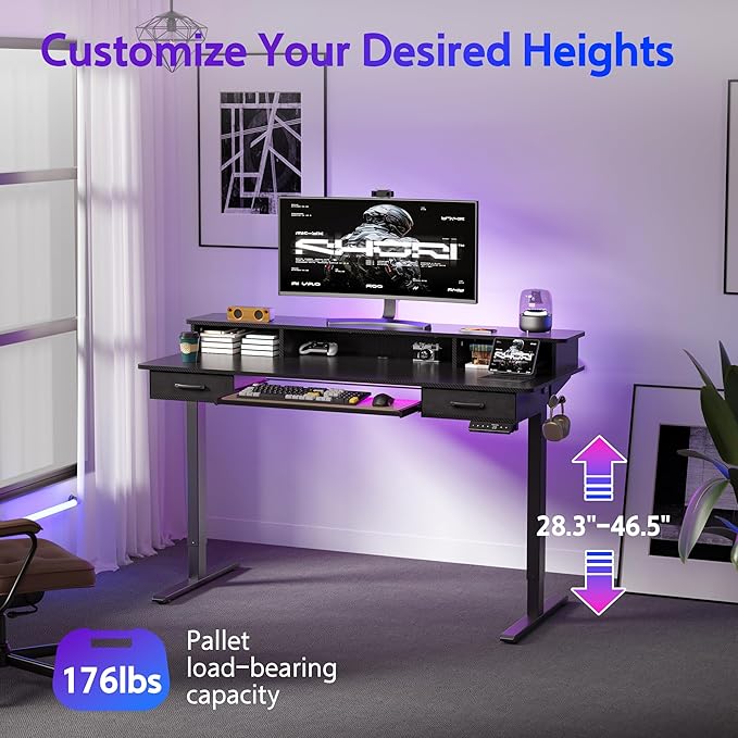 63x24 Inches Electric Standing Desk with Keyboard Tray, Height Adjustable Stand up Desk with 2 Drawers, Ergonomic Sit to Stand with Storage Monitor Stand, Computer Table, Black