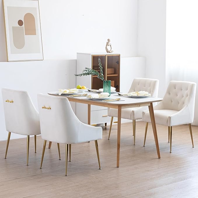 Modern Dining Chairs Set of 4, Mid Century Chairs with 5.12” Cushions and Golden Legs, Velvet Upholstered Dining Chairs with Back Pull Rod, for Kitchen, Living Room (Beige)