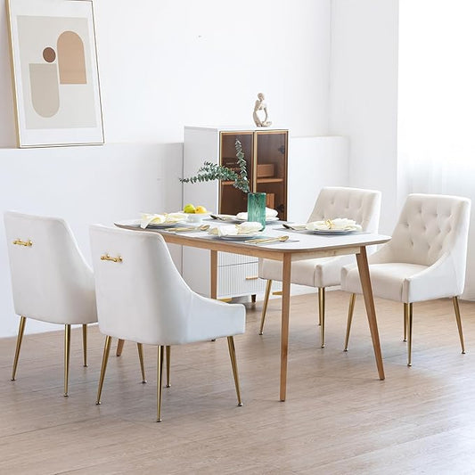 Modern Dining Chairs Set of 4, Mid Century Chairs with 5.12” Cushions and Golden Legs, Velvet Upholstered Dining Chairs with Back Pull Rod, for Kitchen, Living Room (Beige)