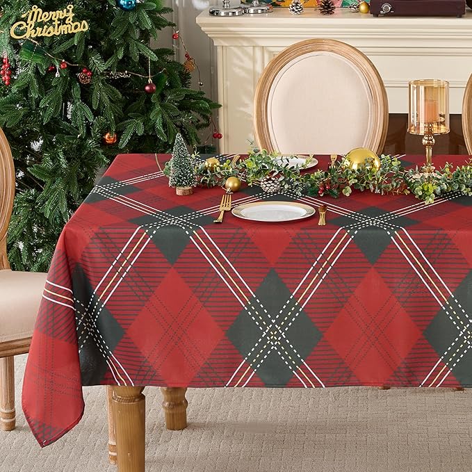 Christmas Tablecloth Rectangular 60x84 Inch Tablecloths for 4ft Waterproof, Machine Washable Polyester Table Cover for Xmas Party, Winter Holiday Home Decoration in Festive Checkered Green 1pack