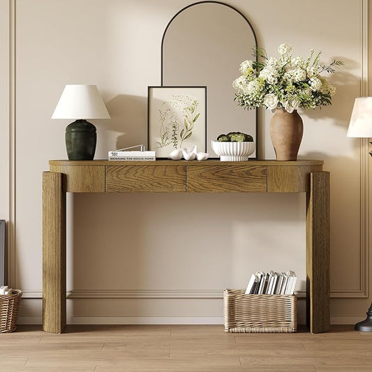 55.1" Entryway Narrow Console Table with Drawers, Oval Top & Fluted Legs, Natural Wood Grain Sofa Table for Hallway, Foyer, Behind Couch, Accent Table for Living Room, Solid Wood + MDF (Natural)