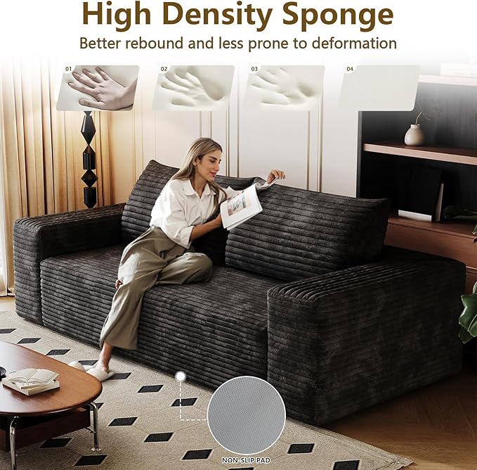 71" Boneless Loveseat Sofa - Cloud Couch with Memory Foam, Comfy Deep Seat - Corduroy Floor Sofa, No Assembly Required - Small Space Friendly for Living Room, Bedroom, Apartment, Black