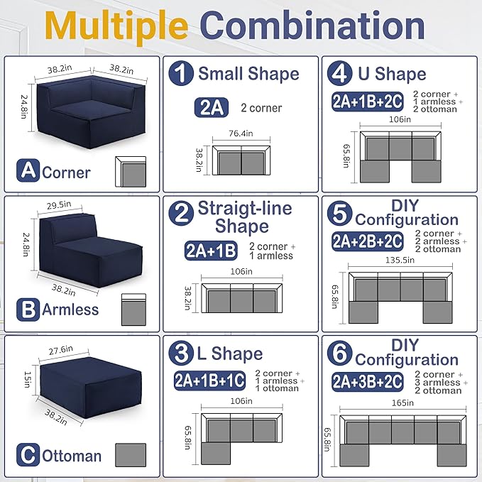 38“ Modular Sectional Sofa Convertible Cube Compressed Couch Seat Set, Combine L-Shaped U-Shaped, Free Assembly, Space-Saving for Living Room, Thick Foam Fabric Chenille Blue (Only Ottoman)
