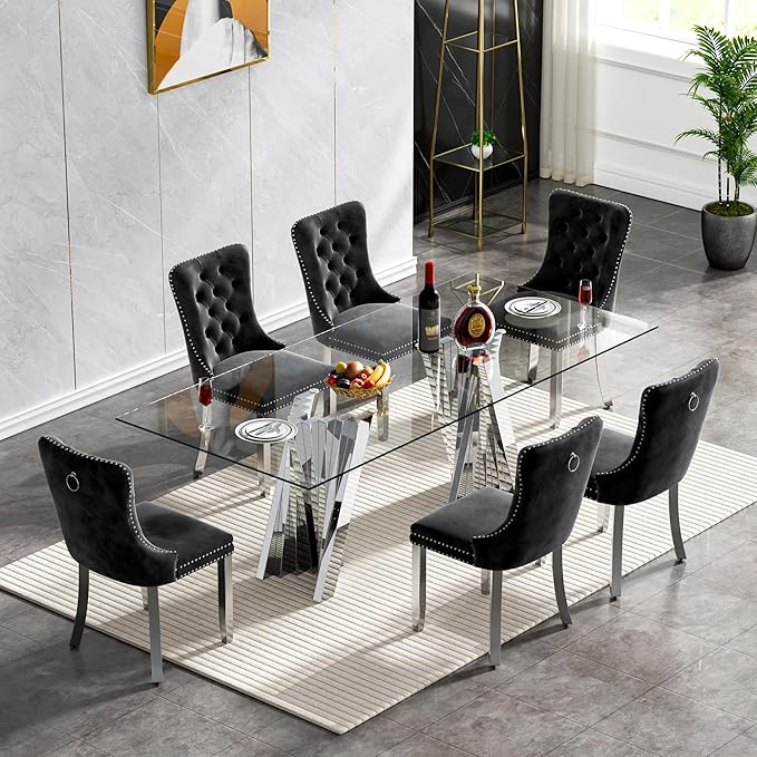 Goujxcy 70" Glass Dining Table Set for 6, Modern Silver Dining Table Set with 6 Black Velvet Upholstered Dining Chairs, 7 Piece Kitchen Dining Room Table Set with Stainless Steel Legs