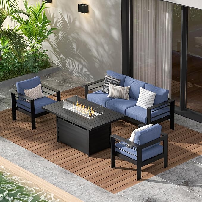 Wisteria Lane Aluminum Patio Furniture Set, 5 Seats Metal Outdoor Furniture Set with CSA Certified 54in Propane Gas Fire Pit Table, Patio Conversation Set with 5in Olefin Cover Cushions, Blue
