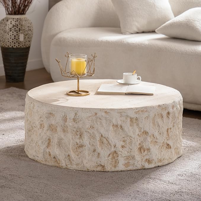 31.49" MgO Round Centre Coffee Table Vintage Faux Stone Sofa Pre-Modern Coffee Tables for Living Room Office Apartment,Amber