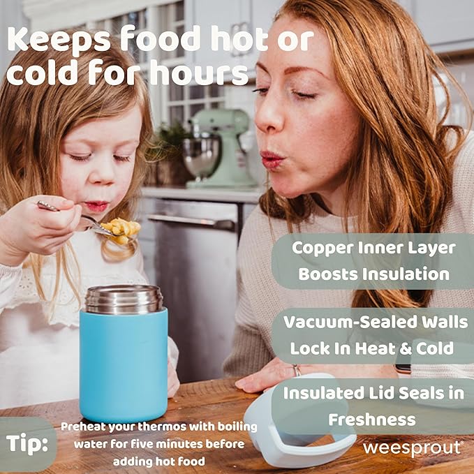 WeeSprout Insulated Stainless Steel Lunch Thermos, Soup Bottle for Hot & Cold Foods, 12 oz Jar for Children, Kid-Friendly Handle, Leakproof Container, Termos Para Comida Caliente (Blue + Navy)
