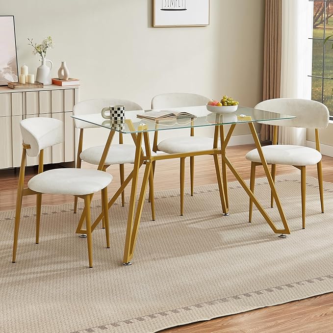 Velvet Dining Chairs Set of 6, Modern Kitchen Chairs with Curved backrests and Metal Legs, Upholstered Dining Chairs for Dining Room,White and Gold