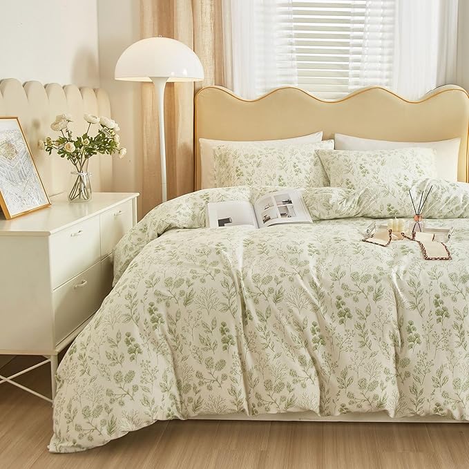 EAVD Fresh Green Floral Comforter Set Full White Fluffy Soft Microfiber Chic Garden Floral Bedding Full Bed Comforter and 2 Pillowcases Reversible Vintage Botanical Comforter Set for All-Season