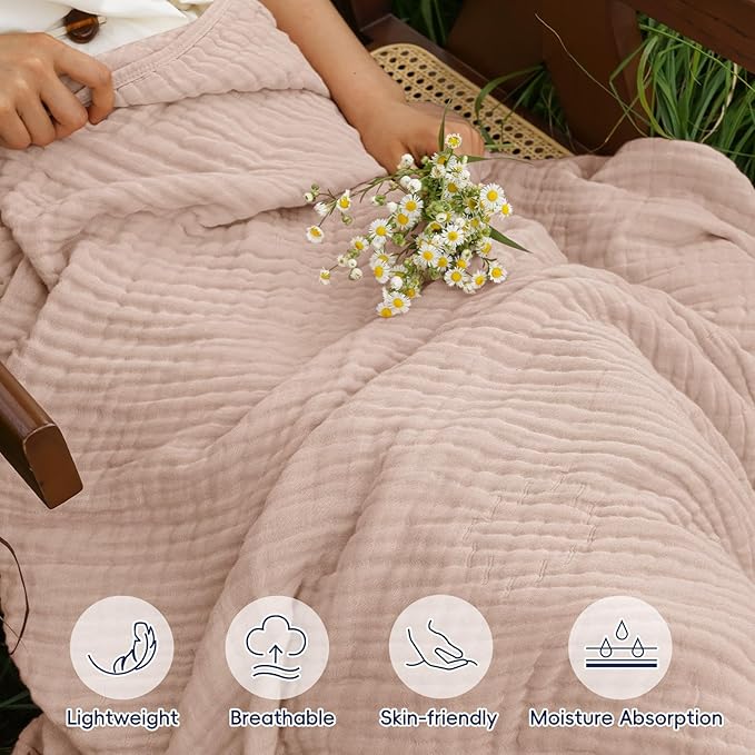 PHF Cooling Muslin Blanket Queen Size 90"x80", 6-Layer Lightweight Gauze Blanket Made from 35% Rayon Derived from Bamboo & 65% Cotton, Breathable & Ultra Soft Cozy, Aesthetic Home Decor, Cameo Rose