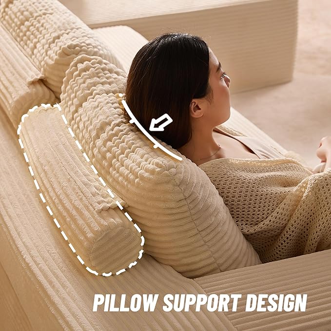 Chaise Lounge Chair, Boneless Couch for Living Room and Bedroom, Sleeper Couches Reading Chairs, Corduroy, White