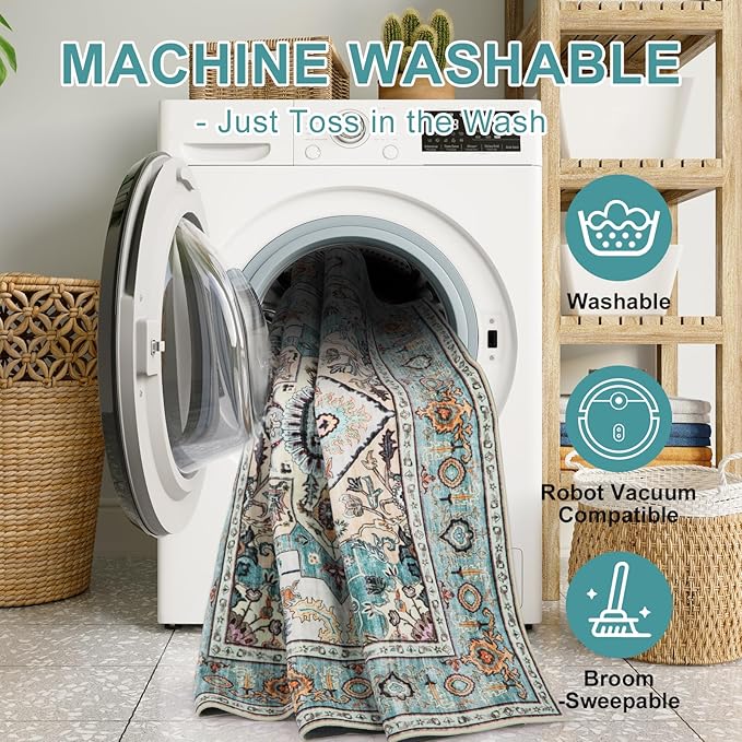 WILLSUN Washable Area Rugs, 4x6 Non-Slip Boho Large Area Rugs for Living Room, Bedroom, Machine Washable Vintage Rug, Indoor Floral Print Carpet for Home Decor, Kid & Pet Friendly Mat