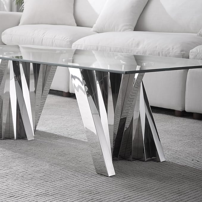 Goujxcy Modern Glass Coffee Table 51" Silver Center Table with Tempered Glass Top and Mirror Finish Stainless Steel Legs, Luxury Rectangular Coffee Table for Living Room Apartment (Silver)