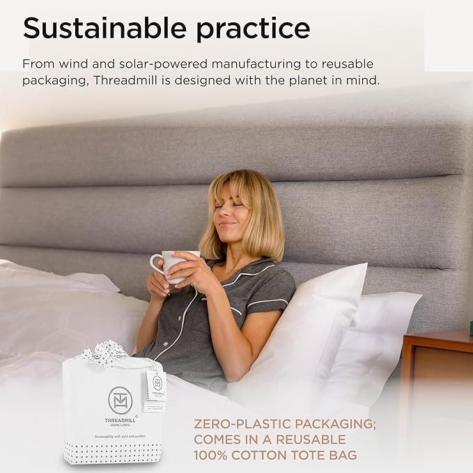 Threadmill 100% Cotton Sheets for Full Size Bed - 600 Thread Count Full Bed Sheets Set with 16” Deep Pocket - Jacquard Sateen Weave 4-Piece Bedding Set with Cooling Effect, White
