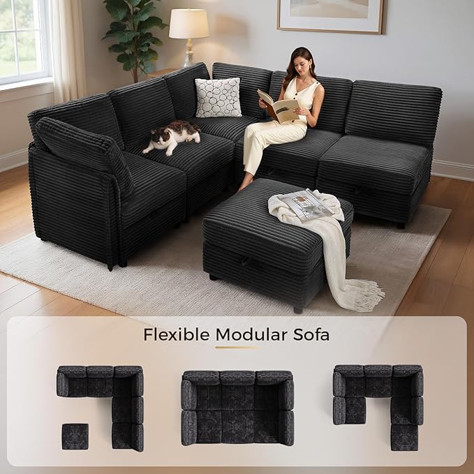 KKL Modular Sectional Sofa V-Shaped 6 Seater Couch with Storage Ottoman, Convertible L/J-Shaped Couch and Sofa Bed Plush Wide-Wale Corduroy for Living Room, Apartment, Modern Design, Black