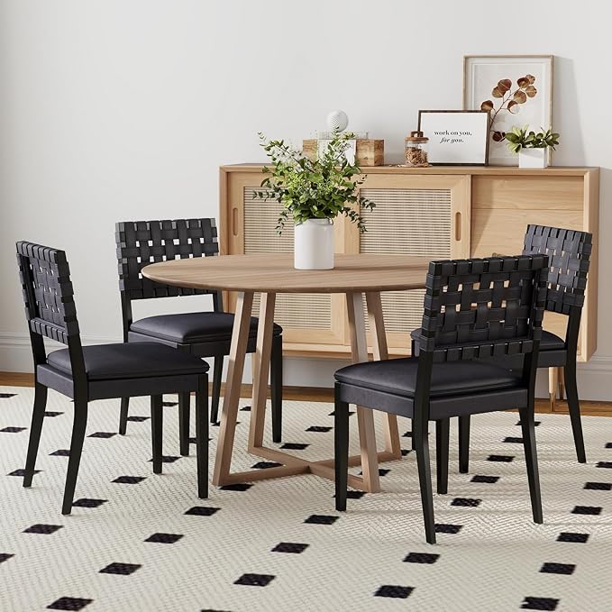Woven Faux Leather Dining Chairs Set of 6, Farmhouse Upholstered Kitchen Chairs with Wooden Legs Armless Accent Side Chairs for Dining Room/Restaurant, Black