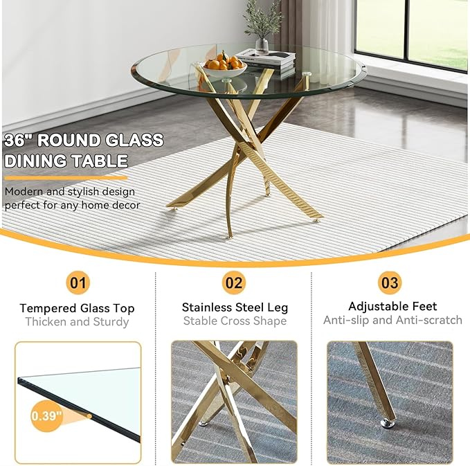 36-Inch Round Dining Room Table for 2-4, Modern Small Gold Glass Circle Kitchen Dining Table with Cross-Shape Stainless Steel Legs for Apartment Kitchen Dining Room