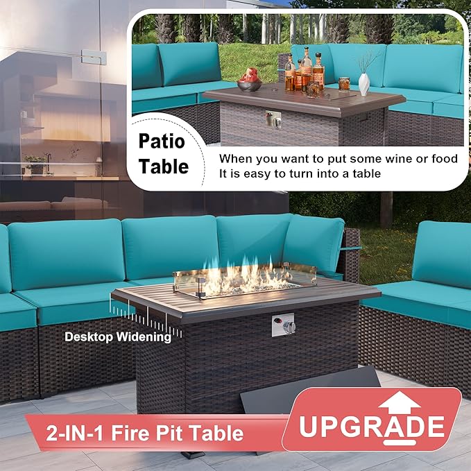 Kurapika 8 Pieces Patio Furniture Set, Rattan Wicker Outdoor Conversation Sets w/43in Propane Fire Pit Table and 4 Inch Cushion(Blue)