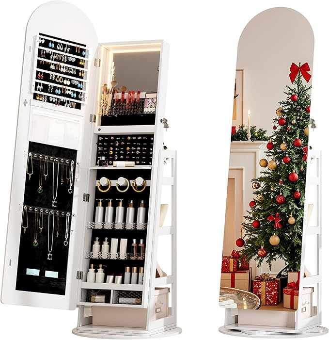 HWB LED Mirror Jewelry Cabinet, 360° Swivel Jewelry Organizer Standing, Arched Wide Full-Length Mirror with Storage Shelves, Interior Mirror, Gift Jewelry Armoire for Lady Girls