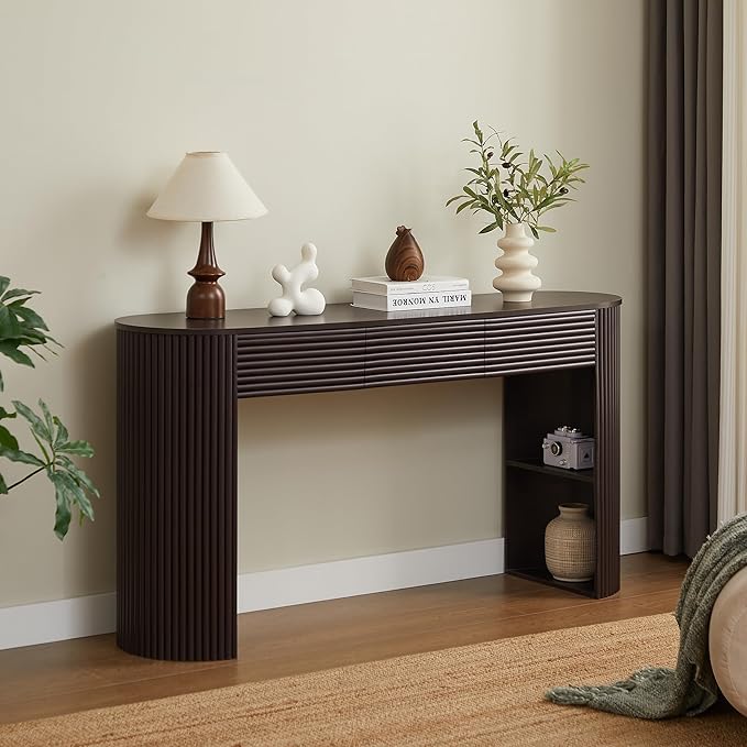 Merax Modern Retro Entryway Table, Rounded Console Table with3 Drawers and Open Hidden Storage for Living Room, Hallway and Office, Espresso