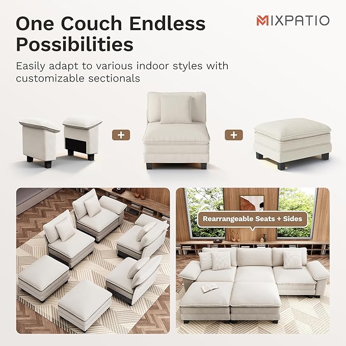 L-Shaped Cloud Modular Sofa Set with Chaise, Deep Seat 3-Piece Sectional & Removable Arms, Plush Chenille for Living Room - Beige