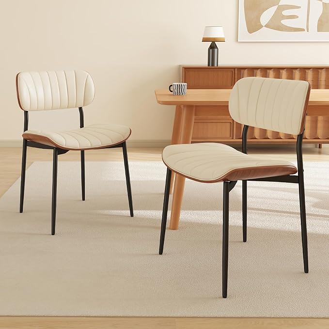 Modern PU Leather Dining Room Chairs Set of 4, Upholstered Kitchen Chairs with Curved Wood Backrest and Metal Legs Adjustable Feet for Kitchen Dining Room(Beige)