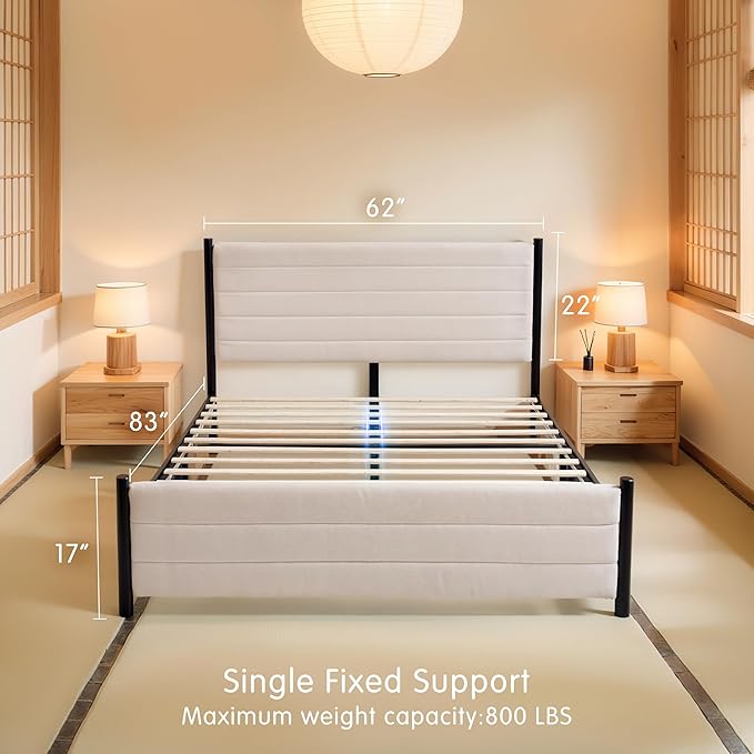 Hokway Bed Frame Upholstered Platform Bed with Headboard Wooden Slat Support No Box Spring Needed(Queen, Beige)
