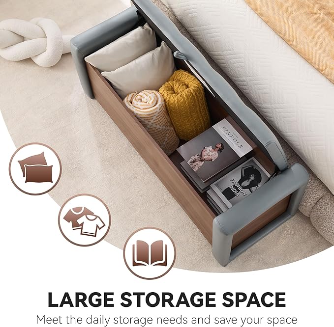 48" Large Storage Ottoman Bench, Faux Leather Upholstered Bed Bench with Button Tufted, End of Bed Ottoman with Safety Hinge for Bedroom, Living Room, Window，or Entryway, Olive Gray Shoe Storage Chest