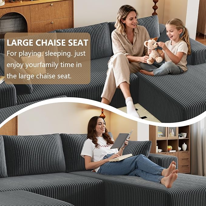96" U-Shape Cloud Couch, Modern Modular Sectional L-Shape Sofa with Ottoman, Corduroy Upholstered Couches Deep Seat Chaise Longue for Living Room, No Assembly Required(Dark Gray, Right Facing)