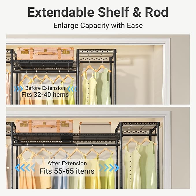 VIPEK X30 Expandable Clothes Rack Adjustable from 5' to 6'11", 950lbs Capacity Heavy Duty Portable Closet with 4 Hanger Rods & 7 Wire Shelves, Metal Wardrobe System for Reach-in Closet, Black
