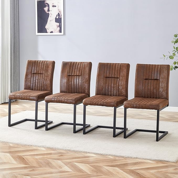 Modern Dining Chairs Set of 4, White Faux Leather Kitchen Chairs, Upholstered Armless Dining Room Chair with Gold Mental Legs Heavy Duty, Comfortable (Style 2 Brown Chiars, Set of 4)