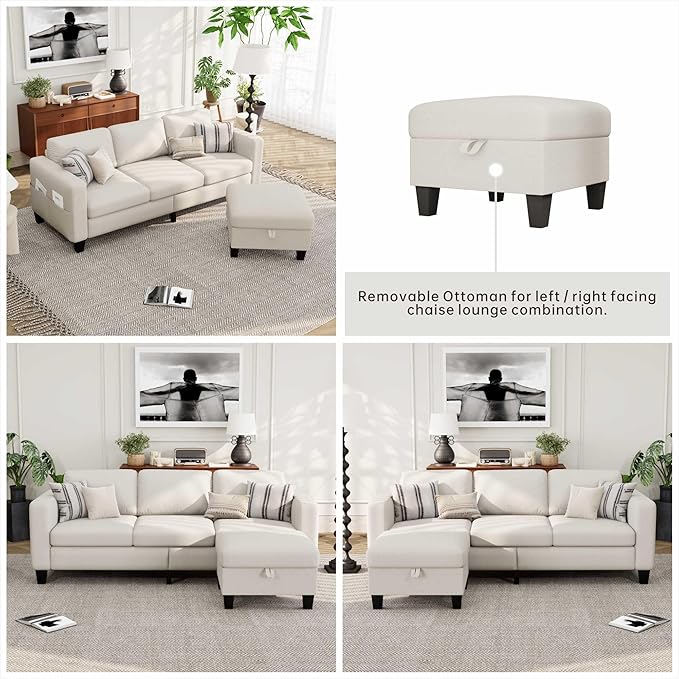 Small Sectional Couch, L Shaped Sectional White Couch in a Box, Small Couches with Ottoman, 3 Seater Sofa for Living Room, Apartment, Dorm, Office