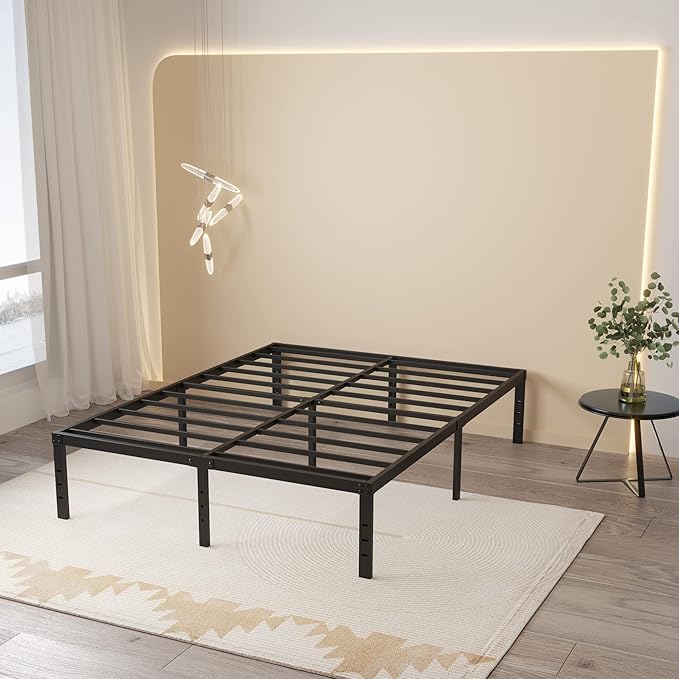 16 Inch Queen Bed Frame No Box Spring Needed, Heavy Duty Metal Queen Platform Bed Frame Support Up to 3000 lbs, Easy Assembly, Noise Free, Black